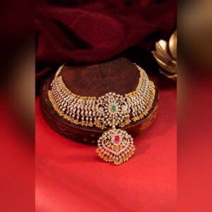Antique gold CZ and emerald choker with detachable pendant, by Sri Sai Krishna Jewellers