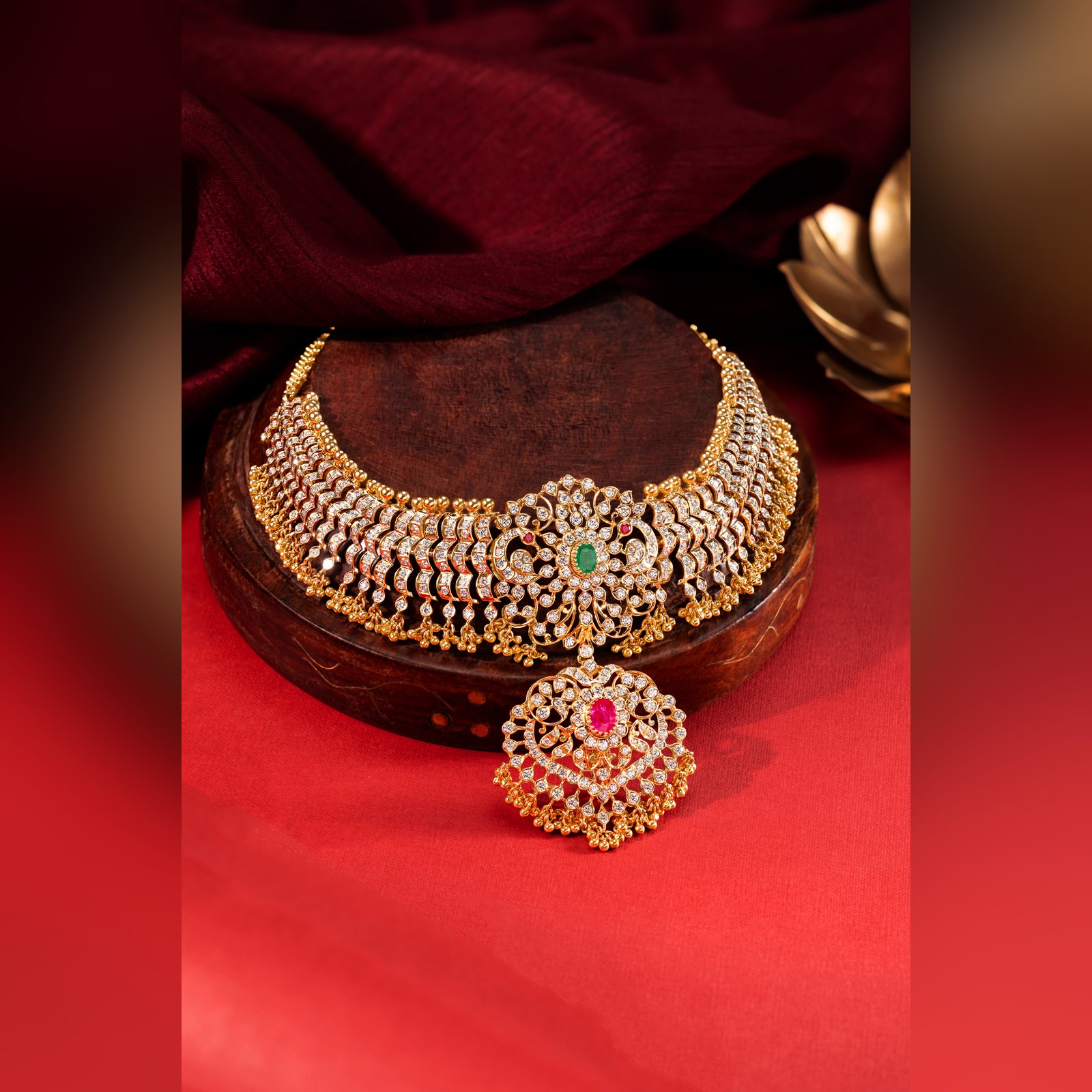 Antique gold CZ and emerald choker with detachable pendant, by Sri Sai Krishna Jewellers