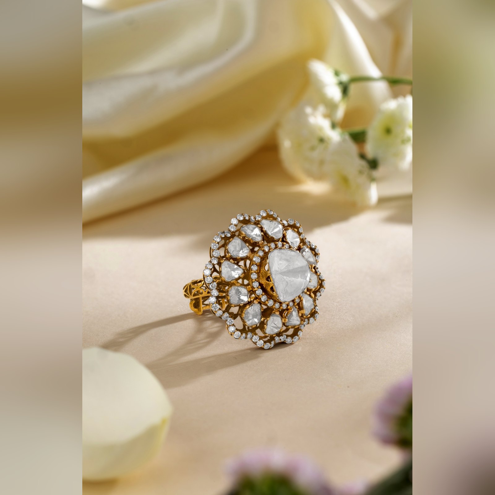 Antique gold polki floral cocktail ring by Sri Sai Krishna Jewellers
