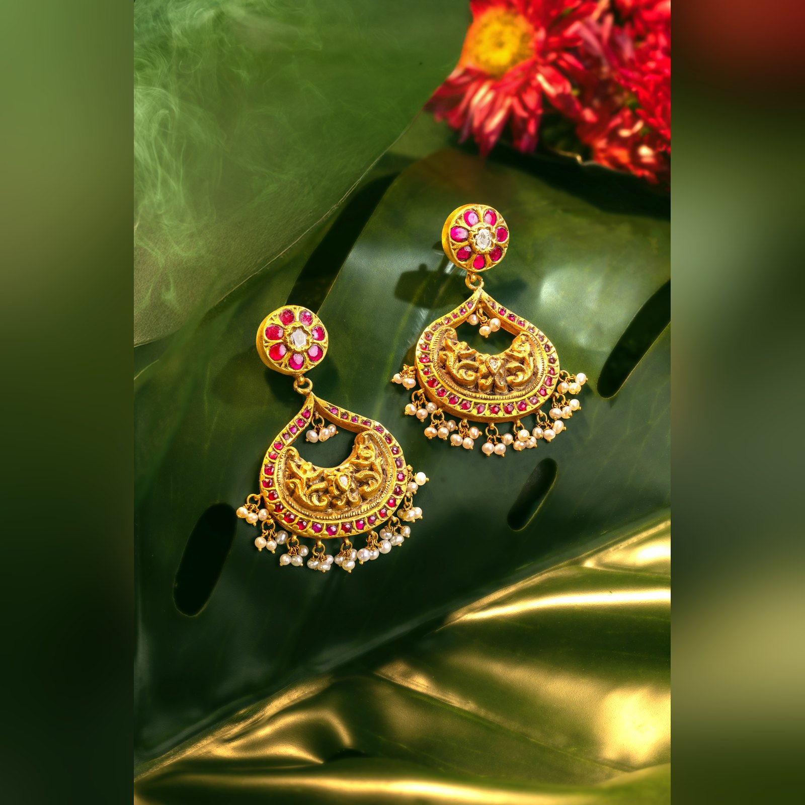 Antique gold ruby chandbali earrings with pearl fringe by Sri Sai Krishna Jewellers