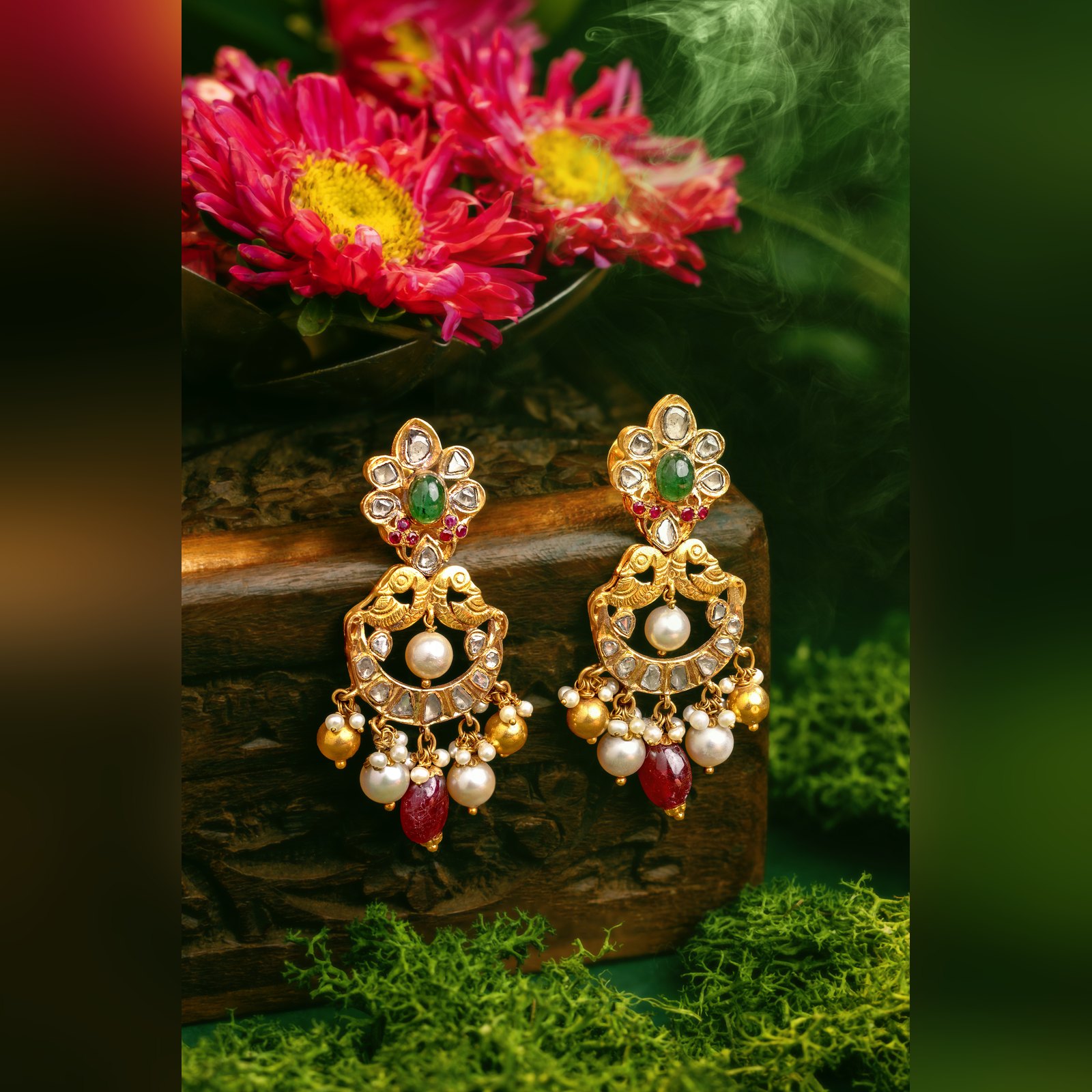 Antique polki peacock chandbali earrings with pearl and ruby drops by Sri Sai Krishna Jewellers