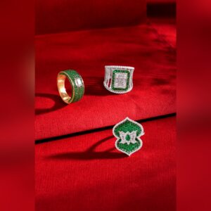 Set of three emerald and diamond cocktail rings by Sri Sai Krishna Jewellers