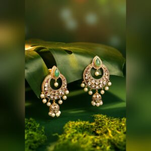 Emerald and polki chandbali earrings with pearl jhumka drop by Sri Sai Krishna Jewellers