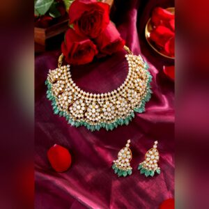 Polki choker with emerald bead fringe and matching earrings, by Sri Sai Krishna Jewellers