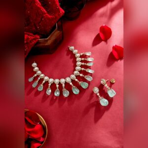 Polki necklace with carved emerald drop beads and matching earrings, by Sri Sai Krishna Jewellers
