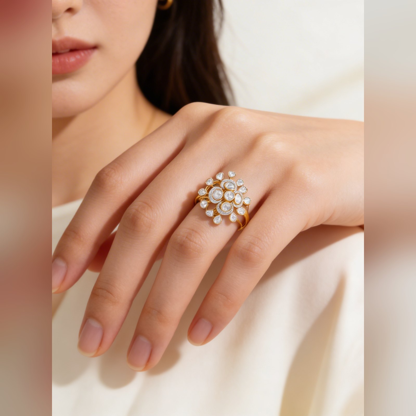 Polki floral cluster ring worn on hand, by Sri Sai Krishna Jewellers
