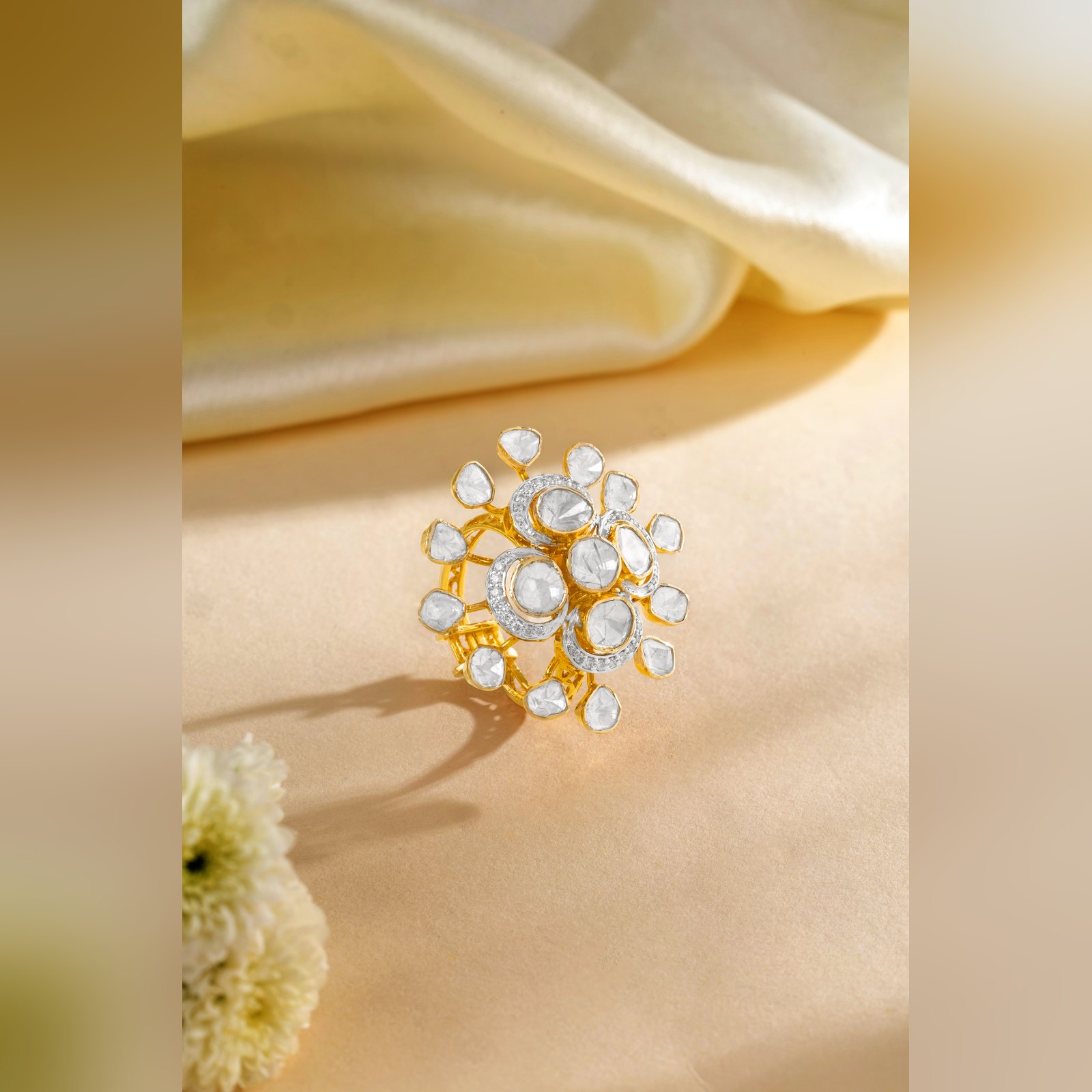 Polki floral cluster ring in gold by Sri Sai Krishna Jewellers