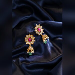 Polki floral jhumka earrings with emerald and pearl drops by Sri Sai Krishna Jewellers