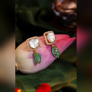 Polki square stud earrings with carved emerald drops by Sri Sai Krishna Jewellers