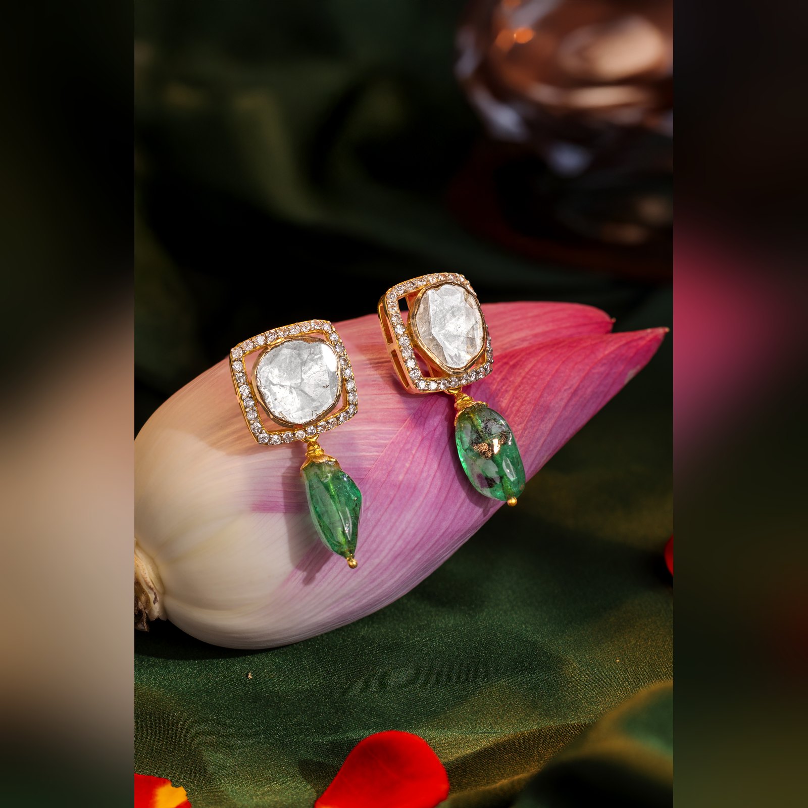 Polki square stud earrings with carved emerald drops by Sri Sai Krishna Jewellers