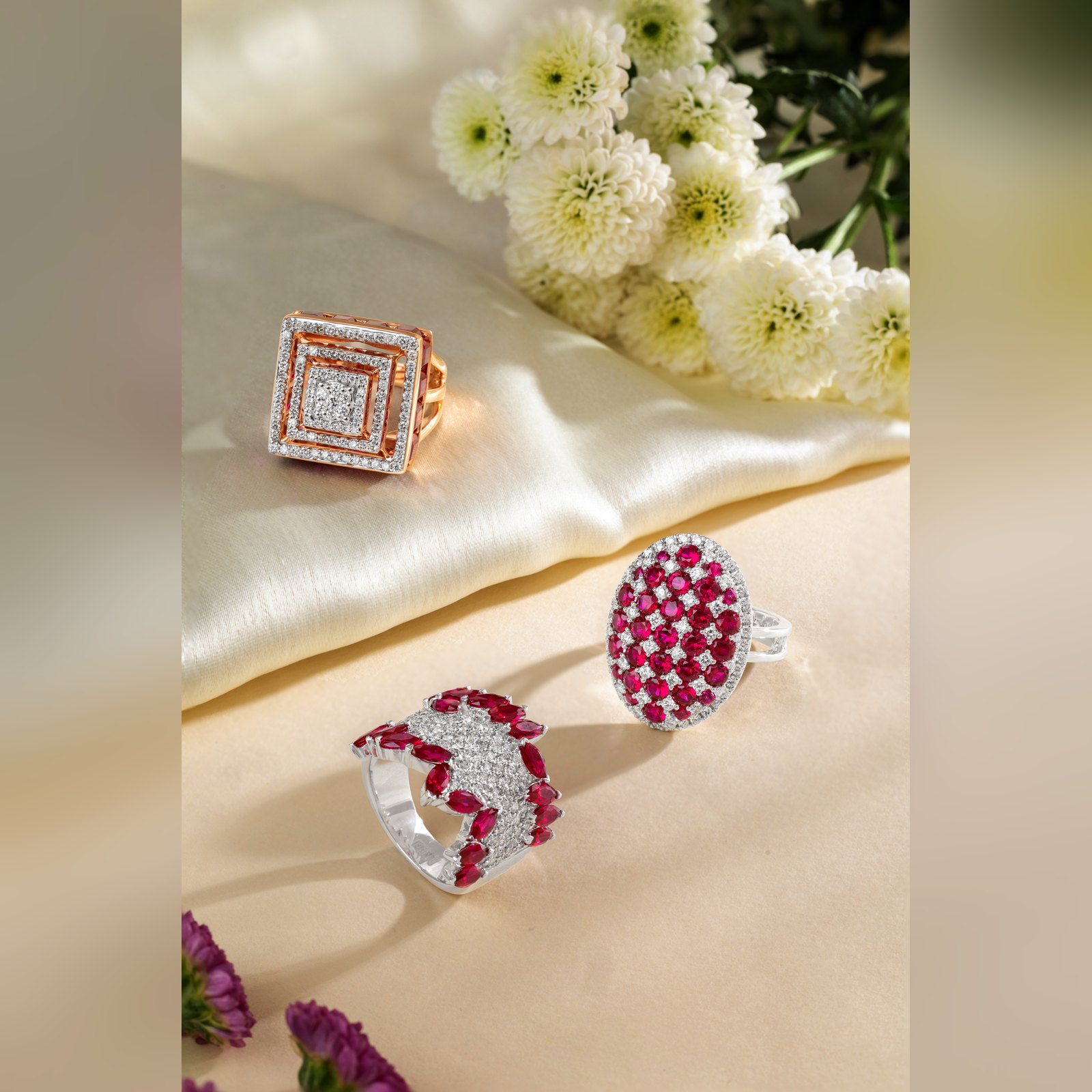 Set of three ruby and diamond rings by Sri Sai Krishna Jewellers