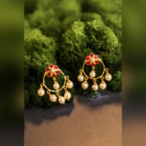 Gold hoop earrings with ruby flower and pearl drops by Sri Sai Krishna Jewellers