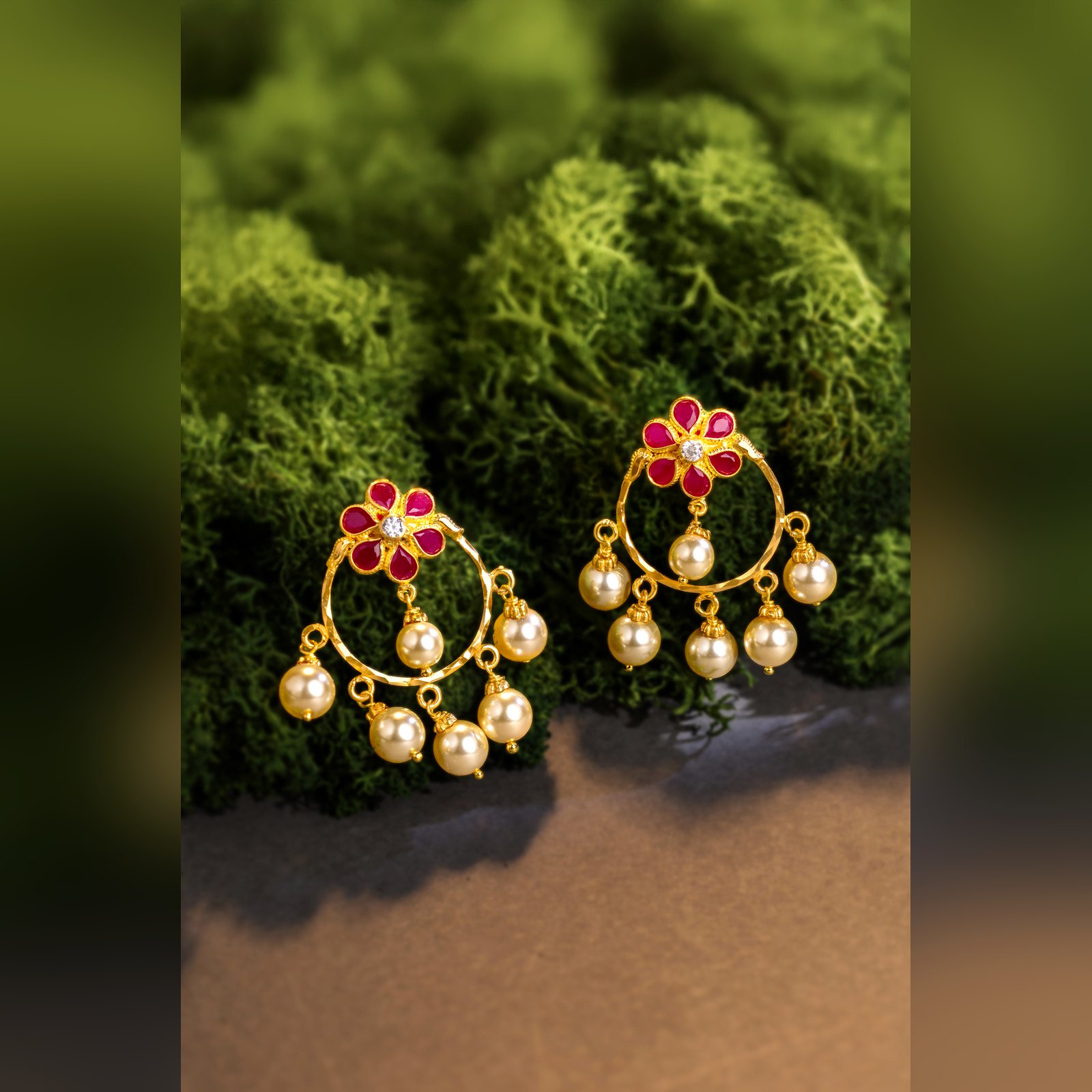 Gold hoop earrings with ruby flower and pearl drops by Sri Sai Krishna Jewellers
