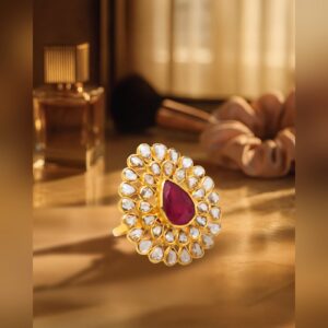 Pear cut ruby and polki cocktail ring in gold by Sri Sai Krishna Jewellers