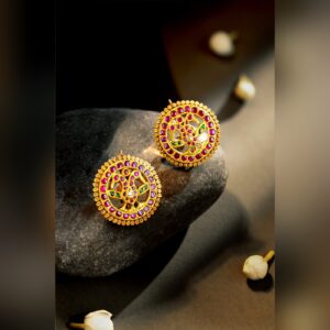 Temple style kemp ruby stud earrings with peacock motif by Sri Sai Krishna Jewellers
