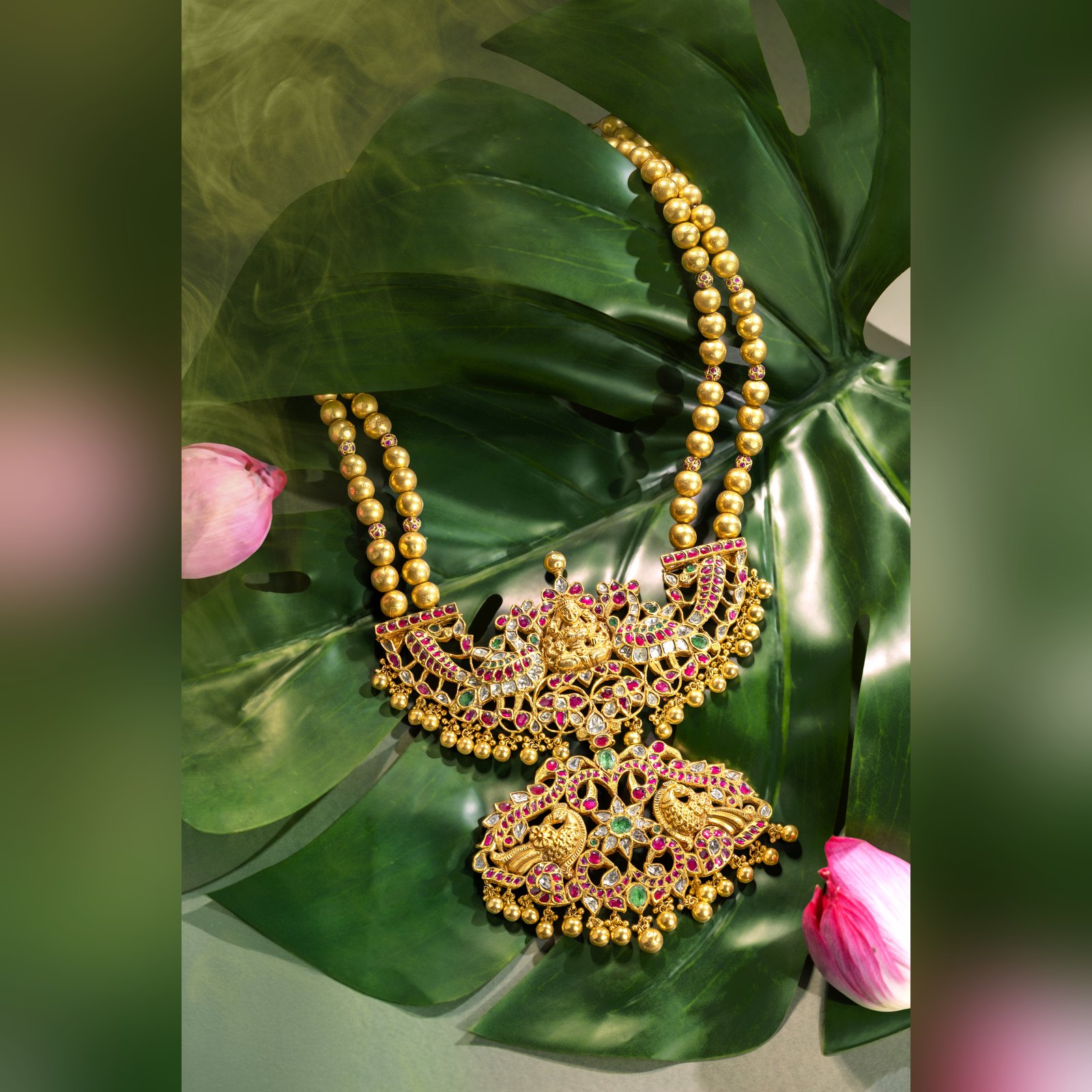 Temple style Lakshmi and peacock kemp necklace in antique gold by Sri Sai Krishna Jewellers